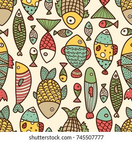 Colorful fish. Seamless pattern with cute ornamental fish. Sea background.