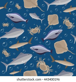 Colorful fish seamless pattern. Ocean fish and crabs. Vector illustration  