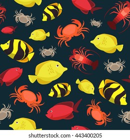 Colorful fish seamless pattern. Ocean fish and crabs. Vector illustration  