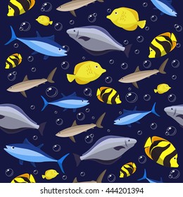 Colorful fish seamless pattern. Ocean fish and crabs. Vector illustration  