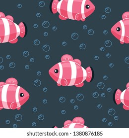 Colorful fish seamless pattern. Underwater life background in cartoon style. Hand drawn tropical fish on backdrop with bubbles. Seamless pattern for fabric and paper.