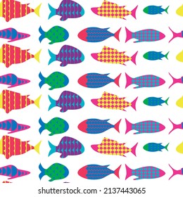 Colorful fish silhouette with patterns. Seamless pattern. Vector illustration.