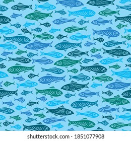 patrón colorido de siluetas de peces. Siluetas azul, azul claro y verde sobre fondo azul claro