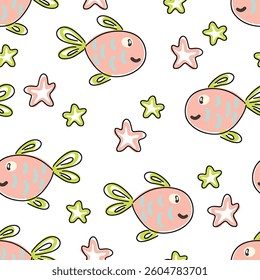 Colorful fish and star shapes create a cheerful kids pattern. Vector illustration