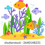 Colorful fish, starfish and corals under the sea. Coral reef, underwater sea life. Ocean aquarium or sea waters with colorful algae seaweed plants and animal fishes, seascape marine scene.