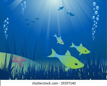 Colorful Fish Swimmin On Sea Bed With Bubbles And Starfish
