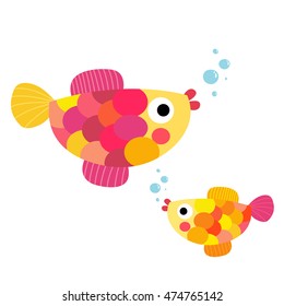 Colorful Fish swimming animal cartoon character isolated on white background.