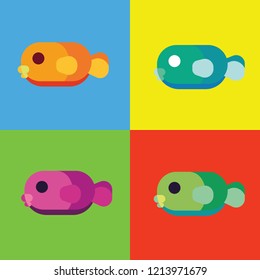 colorful fish swimming on different colorful backgrounds. 4 fish with mouth, eyes and tail. A green, purple, orange yellow and blue. 