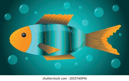 Colorful fish swims underwater surrounded by air bubbles