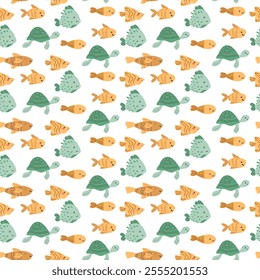 Colorful fish and turtles pattern on white background.