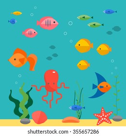 Colorful fish in the water . Underwater or undersea background, vector illustration. Tropical fish swimming on underwater background. Beautiful undersea or underwater world