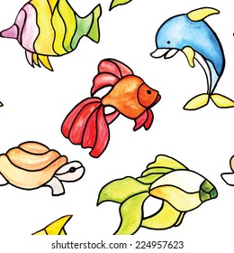 colorful fish  watercolor vector seamless pattern