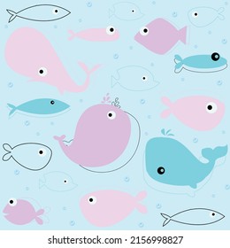 Colorful fish whale patterns on blue background, vector