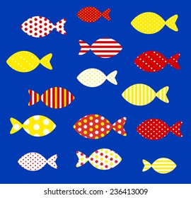 Colorful fishes in big and small polka dots, lined textile with large and small lines and diagonal stripes in red, yellow and orange color. vector art image illustration, isolated on blue background