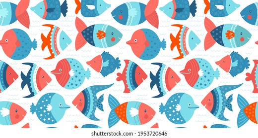 Colorful fishes blue and pink swimming. Bright funny undersea creatures. Lovely kids style hand drawn fishes. Decorative horisontal  pattern. Sealife design.