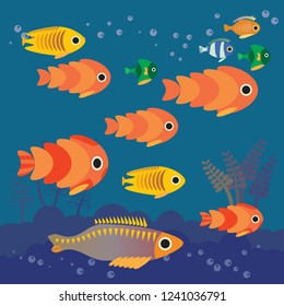 Colorful fishes collection with ocean Background. Vector Illustration.