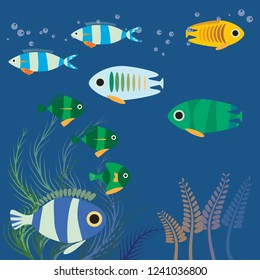 Colorful fishes collection with ocean Background. Vector Illustration.