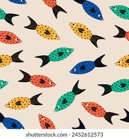 Colorful fishes hand drawn vector illustration. Cute underwater animal in flat style seamless pattern for kids fabric or wallpaper.