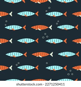 Colorful fishes on black background seamless pattern in flat style. Abstract sea repeat texture vector. Cute sea fabric design. Decorative fish print design for kids fabric or wallpaper
