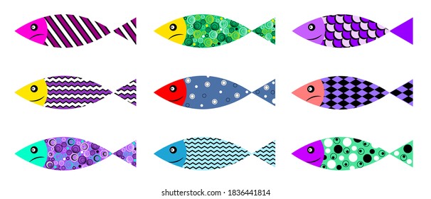Colorful fishes set. Design elements. Vector illustration.