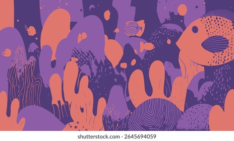 Colorful fishes swim among corals in vibrant underwater scene with fantasy details