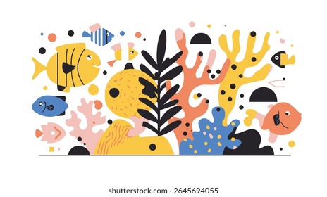 Colorful fishes swim around vibrant coral in marine illustration