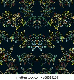 Colorful  Fishes underwater. Vector doodle style seamless pattern. Hand drawn illustration.Drawing stylized for children. Can use them for baby's room interior, wall paper, prints, fabric industry.