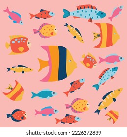 Colorful fishes vector pattern on pink background.Suitable for textile,wallpaper icon,logo prints.