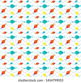 Colorful fishes in the water, cartoon/Scandinavian style minimalistic pattern design