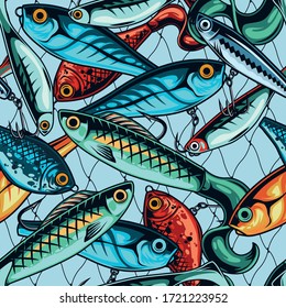 Colorful fishing baits seamless pattern in vintage style on fisherman net background vector illustration