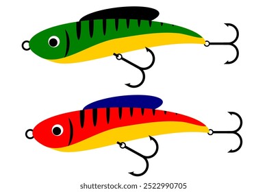 Bunte Fischköder Set Sammlung. Angeln Köder Cartoon-Stil. Fischköder mit Stahlhaken, flache Clipart einzeln auf weißem Hintergrund. Vektorgrafik. Angler-Hobby. Fischköder