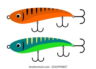 Colorful iscas conjunto de coleta. Estilo de desenho animado isca pesca. Isca de peixe com gancho de aço conjunto clip-art plana isolado no fundo branco. Ilustração vetorial