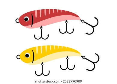 Colorful iscas conjunto de coleta. Isca de pesca. Isca de peixe com gancho de aço clip art plana isolado no fundo branco. Ilustração de vetor. passatempo de pescador