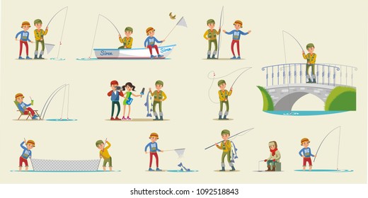 Colorful fishing elements collection with fishermen using various equipment tools in different situations isolated vector illustration