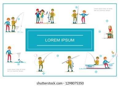 Colorful fishing elements concept with fisherman in different situations in flat style vector illustration