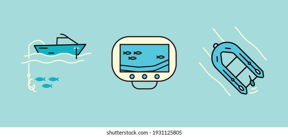 Colorful fishing icon set. This icon is a fish finder, boating and boat fishing icon symbol. Editable icon set. Fishing club or online web shop creative vector line art.