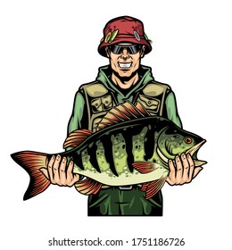 Colorful fishing template with happy angler holding perch fish in vintage style isolated vector illustration