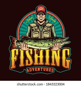 Colorful fishing vintage badge with inscription and smiling fisher holding big pike isolated vector illustration