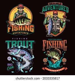 Colorful fishing vintage labels with rainbow trout and bass fishes in water splashes and smiling anglers in sunglasses with big catch isolated vector illustration