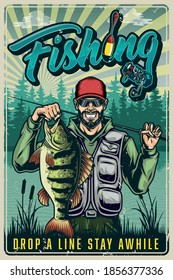 Colorful fishing vintage poster with happy fisherman holding perch and fishing rod on river and forest landscape vector illustration