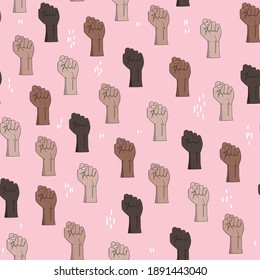Colorful fists with different skin color Seamless vector print. Symbol of power and protest. Race equality, diversity, tolerance pattern. Flat design style. Can be used for backgrounds, wallpaper