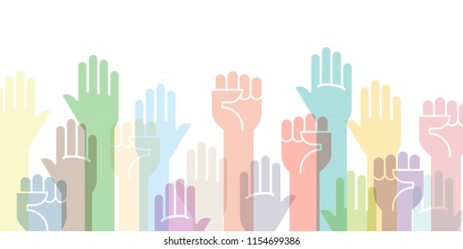 Colorful fists hands up vector illustration. Concept of unity, revolution, fight, cooperation. Vector illustration, flat design