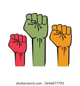 Colorful fists raised to symbolize empowerment, solidarity, resistance, and unity amidst diversity. This illustration conveys strong messages of social justice and collective movements.