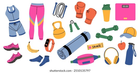 Colorful fitness gear and healthy snacks arranged for a workout session in a fitness studio