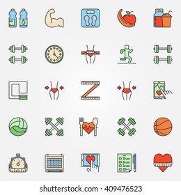 Colorful fitness line icons set - vector set of fitness and a healthy lifestyle flat signs