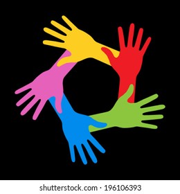 Colorful Five Hands Icon on black background, vector illustration 