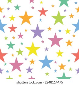 Colorful of five point stars seamless pattern such as purple, indigo, blue, green, yellow, red, on a white background.