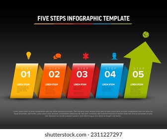 Colorful five progress steps template made from big arrow with descriptions and icons. Simple folded paper stripe arrow infographic template with five blocks and icons on black background