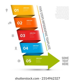 Colorful five progress steps template made from big arrow with descriptions and icons. Simple folded diagonal paper stripe arrow infographic template with five blocks and icons on light background