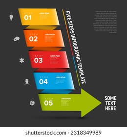 Colorful five progress steps template made from big arrow with descriptions and icons. Simple folded diagonal paper stripe arrow infographic template with five blocks and icons on dark background